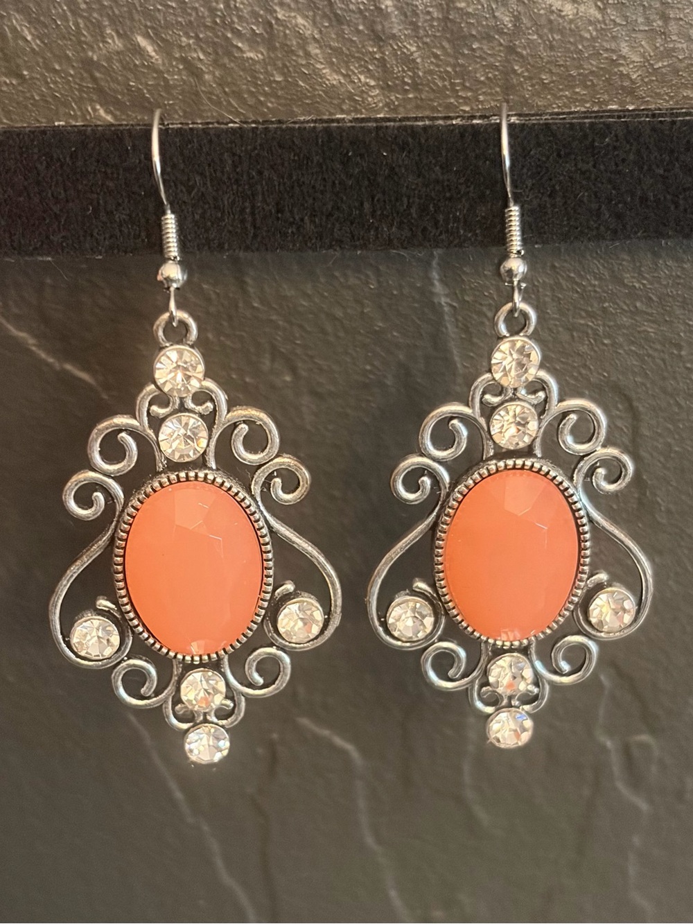 Coral Oval Filigree Drop Earrings with Crystal Accents
